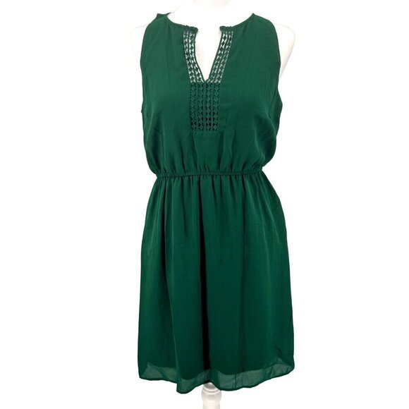 Hawthorn 41 Green Crochet-Detail Sleeveless Dress Sz M EUC Elastic Waist Spring - Picture 1 of 11